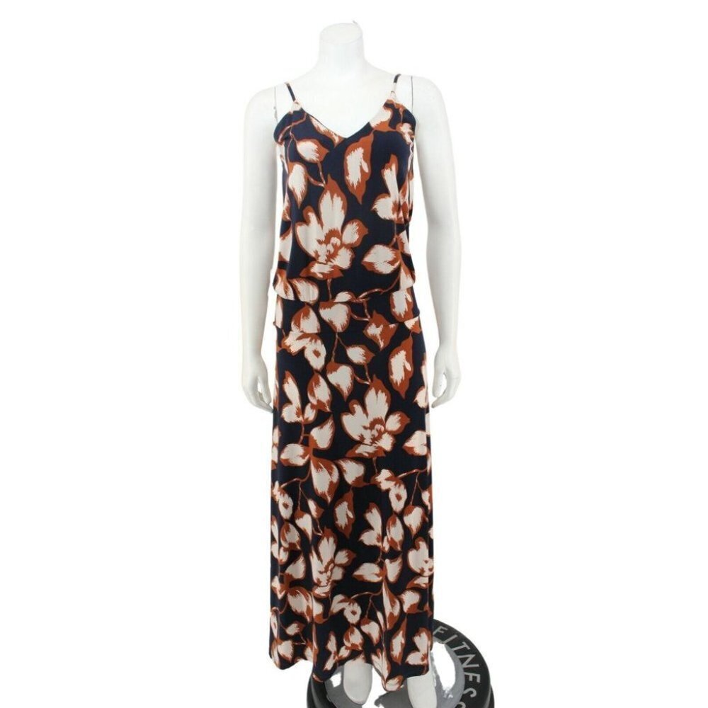 Allison Joy Blue Brown Geometric Print Matte Jersey Maxi Dress Size M USA Made